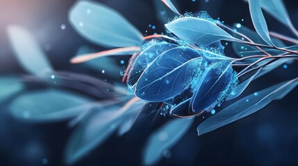 Wall Mural - Glowing Blue Leaves with Digital Effects Against a Dark Abstract Background