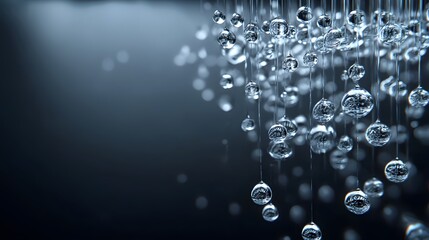 Wall Mural - Close-Up View of Falling Water Droplets Creating Bubbles Against a Dark Background