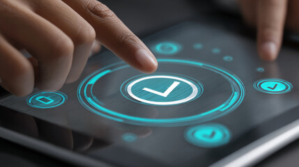 Close-up of finger interacting with tablet screen, displaying a glowing checkmark interface element symbolizing approval, confirmation, or completion of a task