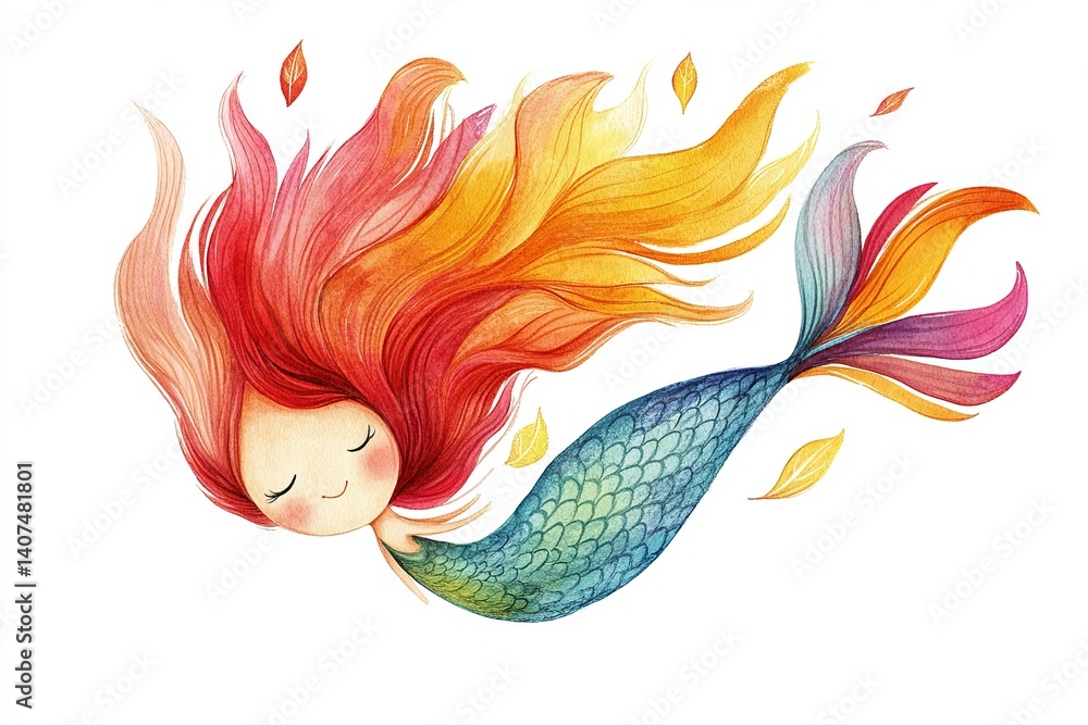 Watercolor painting of a mermaid with flowing hair and a blue and green ...