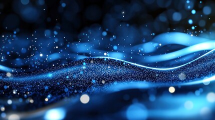 Wall Mural - Abstract blue wavy digital particles in dark space background