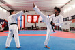 © Studio Marmellata - A male martial artist in a white uniform and black belt performs a high kick toward a target pad held by a female partner inside a red-curtained training hall