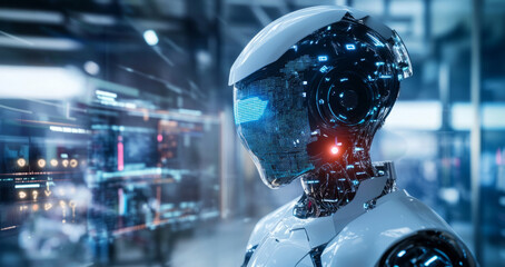 Fototapete - A sophisticated robot with an illuminated face and intricate circuitry stands in a high-tech environment.