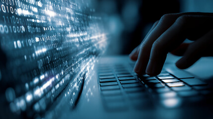 Wall Mural - close-up of hand typing on laptop keyboard, binary code displayed on screen, suggesting digital tech