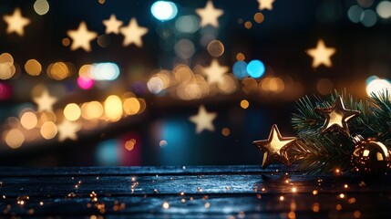Canvas Print - Festive night scene with gold stars on dark wooden planks, city lights bokeh