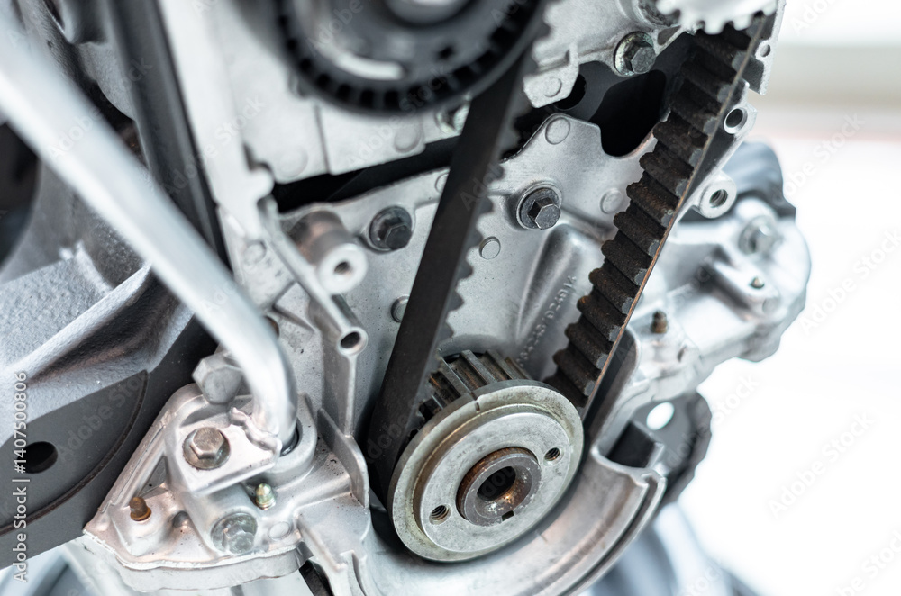 Photo of a timing belt and pump on a machine engine. New timing belt ...