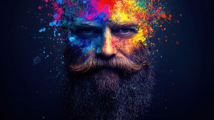 Poster - Colorful artistic representation of a beard with paint splashes capturing an expressive and vibrant atmosphere in a creative urban setting