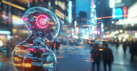 Poster - A humanoid robot stands in a bustling city, illuminated by glowing lights and screens.