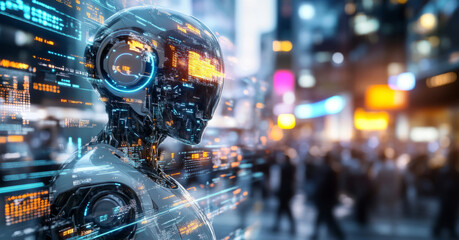 Aufkleber - In a bustling city, a synthetic robot stands among crowds, analyzing complex data about human interactions and emotions. Its design reflects advanced technology and consciousness exploration.