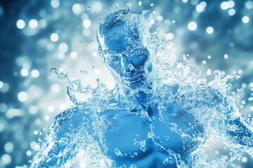 Aufkleber - Water droplets create the form of a muscular body in an abstract blue and white artwork