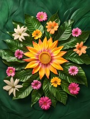 Poster - Vibrant sun shape made from blooming flowers and green leaves arranged artistically in a radiant composition