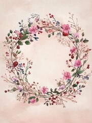 Aufkleber - Delicate wreath adorned with tiny flowers and berries on soft textured background in Lapki illustration style