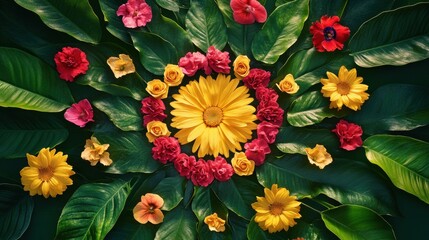 Poster - Blooming flowers arranged in sun shape surrounded by vibrant green leaves create a striking floral composition