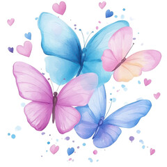 Wall Mural - Pastel Butterflies and Hearts:Three pastel-colored butterflies flutter amidst a shower of delicate hearts, creating a whimsical and romantic scene.