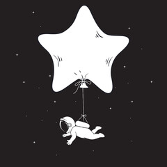 Wall Mural - cute astronaut flies tied to shaped balloon in the shape of a star. vector illustration