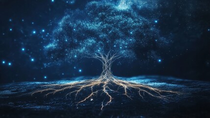 Poster - Neural network roots revealed in a mystical tree, symbolizing the connection between nature and organic intelligence
