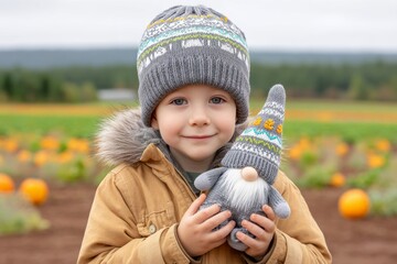 a child holding a plush halloween gnome at a pumpkin patch festival