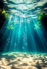 Poster - Beautiful underwater scene with sunlight streaming through water and illuminating the ocean floor : Generative AI