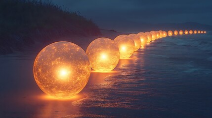 Poster - Magical shoreline view featuring glowing spheres illuminating the beach along a serene ocean landscape at dusk : Generative AI