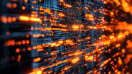 Fototapete - Dynamic digital data visualization with glowing patterns in vibrant orange and blue hues : Generative AI