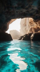 Poster - Breathtaking view of tranquil cave waters illuminated by sunlight creating a serene atmosphere : Generative AI