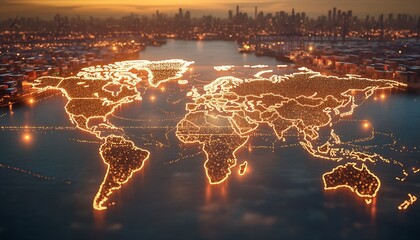 Leinwandbilder - Stunning Aerial View of a Brightly Illuminated World Map at Dusk Over Water with Cityscape Background : Generative AI
