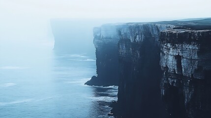 Poster - Misty Seascape with Majestic Cliffs Overlooking a Calm Ocean under Soft Cloudy Sky : Generative AI