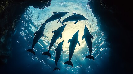 Poster - A mesmerizing underwater scene showing dolphins swimming in a radiant blue ocean light : Generative AI