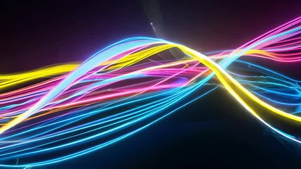 Wall Mural - vibrant abstract background with glowing neon wavy lines in pink, blue, and yellow on dark surface