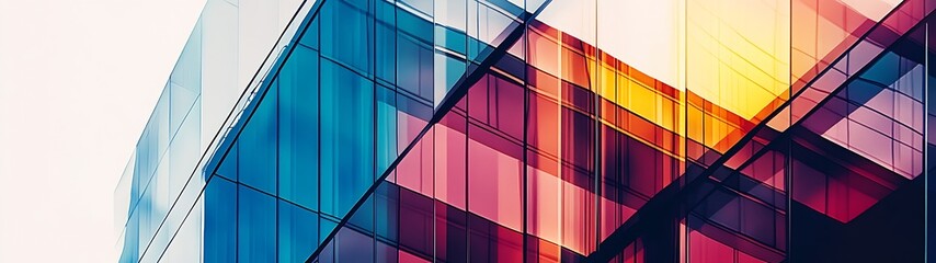 Poster - Abstract close-up of colorful fragmented glass reflecting modern architecture in vibrant tones : Generative AI