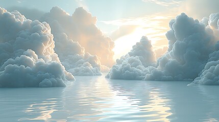 Poster - Serene landscape of fluffy clouds reflecting sunlight on a calm ocean surface creating a peaceful ambiance : Generative AI