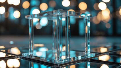 Clear material frame on mirrored tile floor. Blue teal and gold bokeh lights in background. Square transparent object on dark reflective surface.