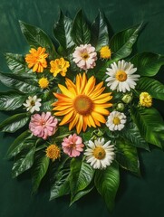 Aufkleber - Radiant sun shape made from blooming flowers and lush green leaves creating a lively natural composition