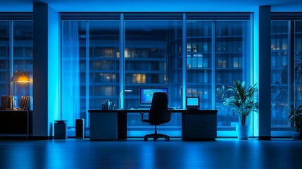 Leinwandbilder - Stylish modern office illuminated in blue light showcasing a computer setup with a stunning urban night view outside the window : Generative AI