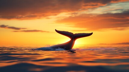 Poster - Majestic whale tail at sunset creating waves in tranquil ocean water : Generative AI