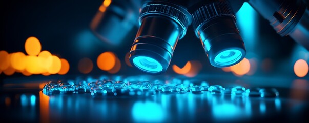 Fototapete - Detailed Shot of a Microscope with Bright Blue Light and Scientific Samples : Generative AI