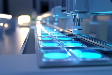 Fototapete - Advanced technology in blue light showcasing a precision machine working on advanced panels : Generative AI