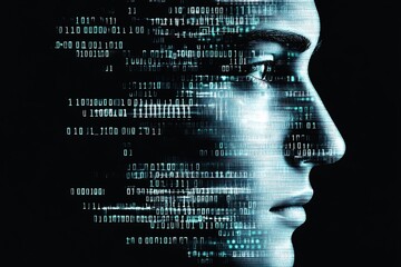 Poster - Creative digital art of a human face blended with binary code for technology and innovation themes : Generative AI