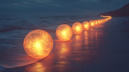 Poster - Enchanting seaside scene showcasing a row of glowing spheres casting light on the wet sand at twilight : Generative AI