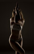 © vladimirfloyd - Silhouette of woman in white underwear performing yoga eagle arms pose (Garudasana), showcasing form and concentration against dark background with rim lighting