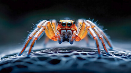 [Closeup of striped spiders on cobweblike surfaces] Vibrant Orange Black Spider In Intricate Web Pattern on Dark Background