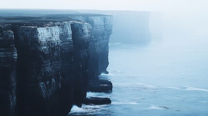 Poster - Foggy Cliffs by the Ocean with Waves Crashing Against the Rocky Shoreline in Harmonious Beauty : Generative AI