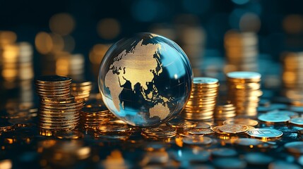Poster - Beautiful glass globe with Asian map atop a pile of golden coins symbolizing wealth : Generative AI