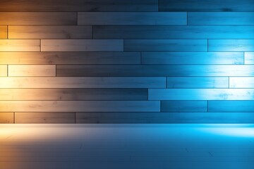 Fototapete - Stylish Wooden Wall Design with Cool and Warm Light Effects in Room : Generative AI
