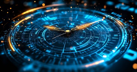 Leinwandbilder - Advanced clock interface displaying glowing lights and intricate data visualization : Generative AI