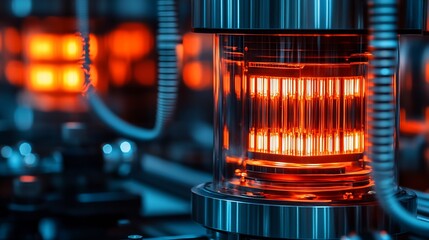 Leinwandbilder - Detailed close-up of a modern electronic device with glowing orange tubes and intricate wiring : Generative AI