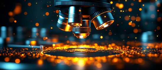Fototapete - Dynamic imagery of microscope exploring a circular platform with glowing particles reflecting scientific innovation and research : Generative AI