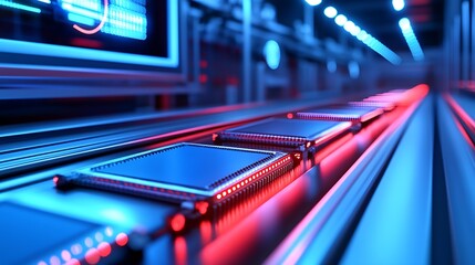 Fototapete - Futuristic close up of microchips moving on a conveyor belt in a high-tech factory environment : Generative AI