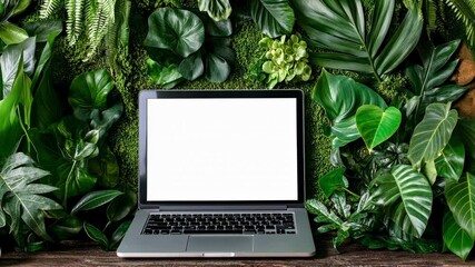 Wall Mural - modern laptop computer showing blank white screen display placed on wooden table against green folia