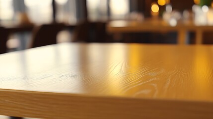 Aufkleber - Beautiful close up of a polished wooden table surface in a modern cafe setting with warm ambiance : Generative AI